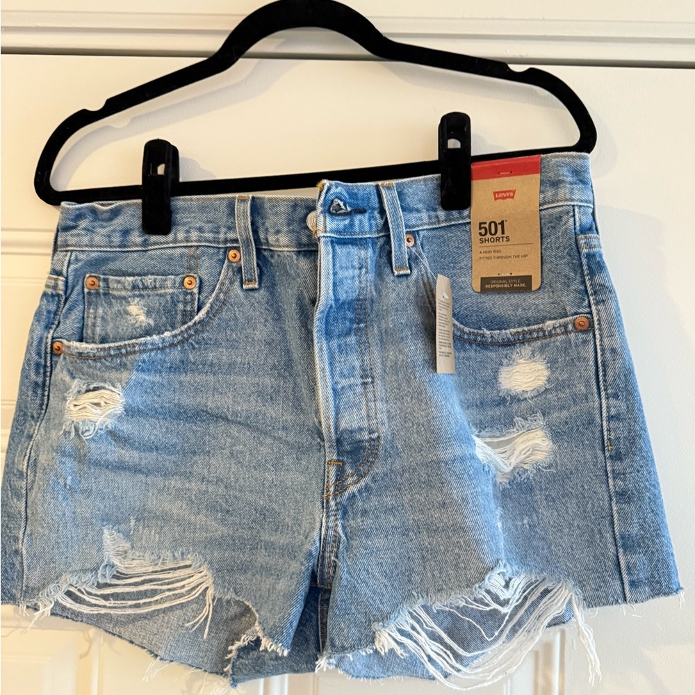 Levi's Blue High-Waisted Distressed Jean Shorts